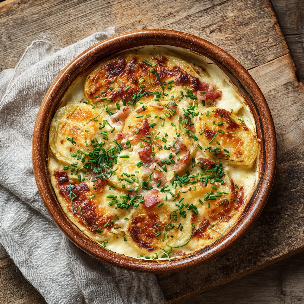 Straßburger Auflauf mit goldbrauner Käsekruste in Auflaufform von oben fotografiert