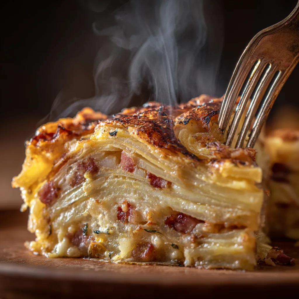 Nahaufnahme Straßburger Auflauf Schichten mit Kartoffeln Speck und Käse