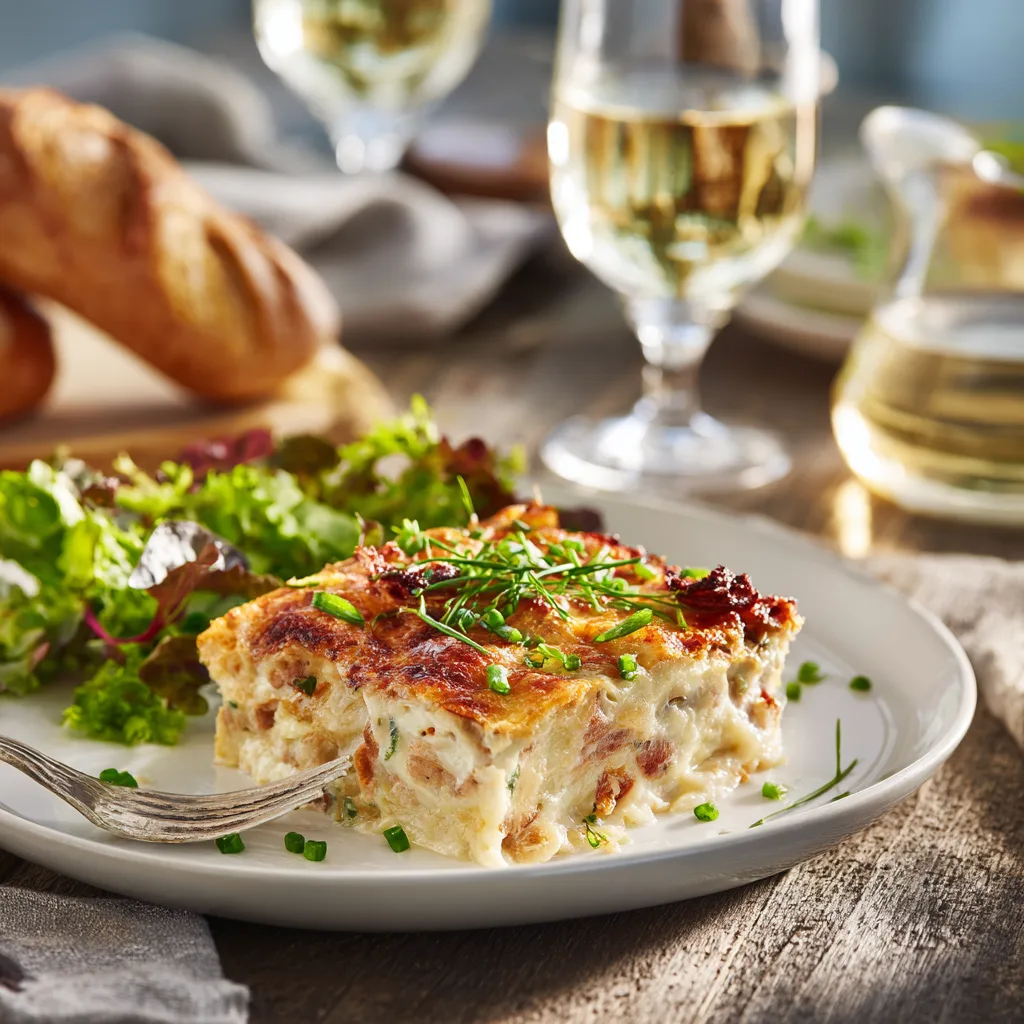 Servierter Straßburger Auflauf auf Teller mit Salat und Brot