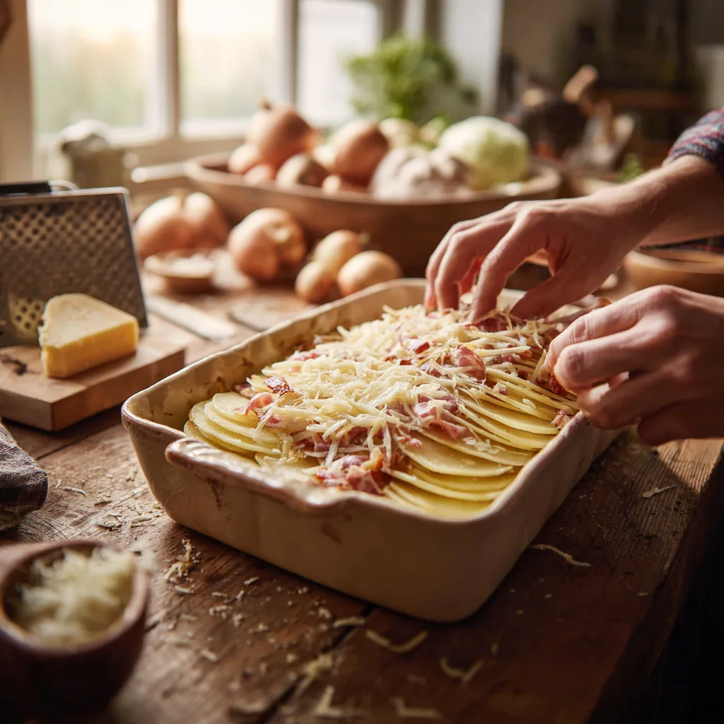 Straßburger Auflauf Zubereitung Kartoffeln schichten in Auflaufform