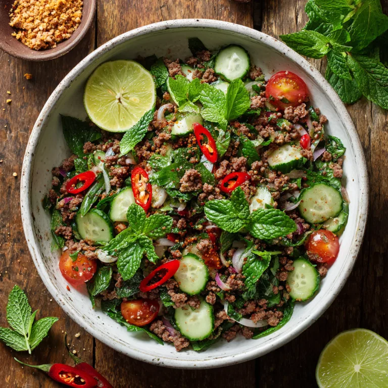 Thai-Rinderhackfleisch Salat von oben mit frischen Kräutern und Limetten