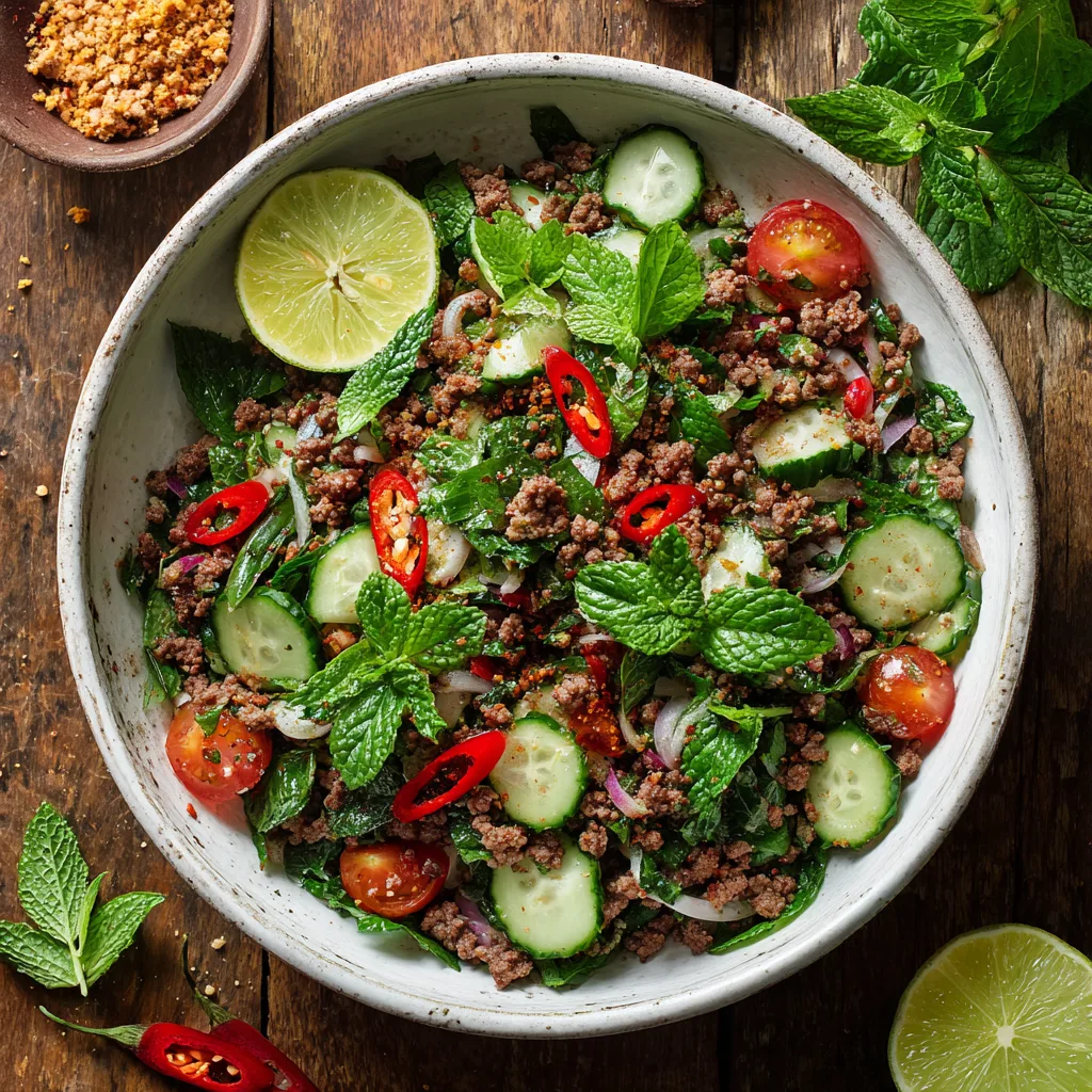 Thai-Rinderhackfleisch Salat von oben mit frischen Kräutern und Limetten