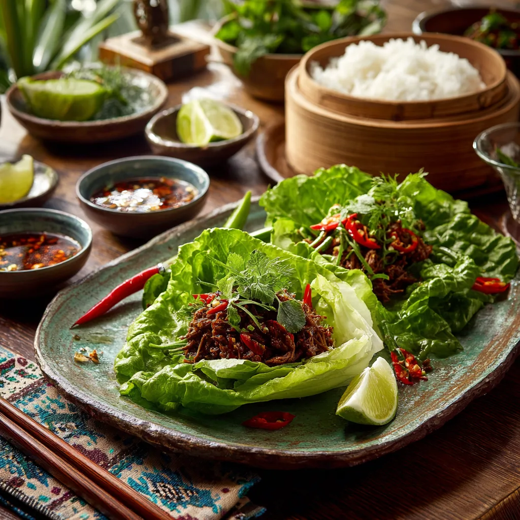 Thai-Rinderhackfleisch Salat serviert auf Salatblättern mit Klebreis