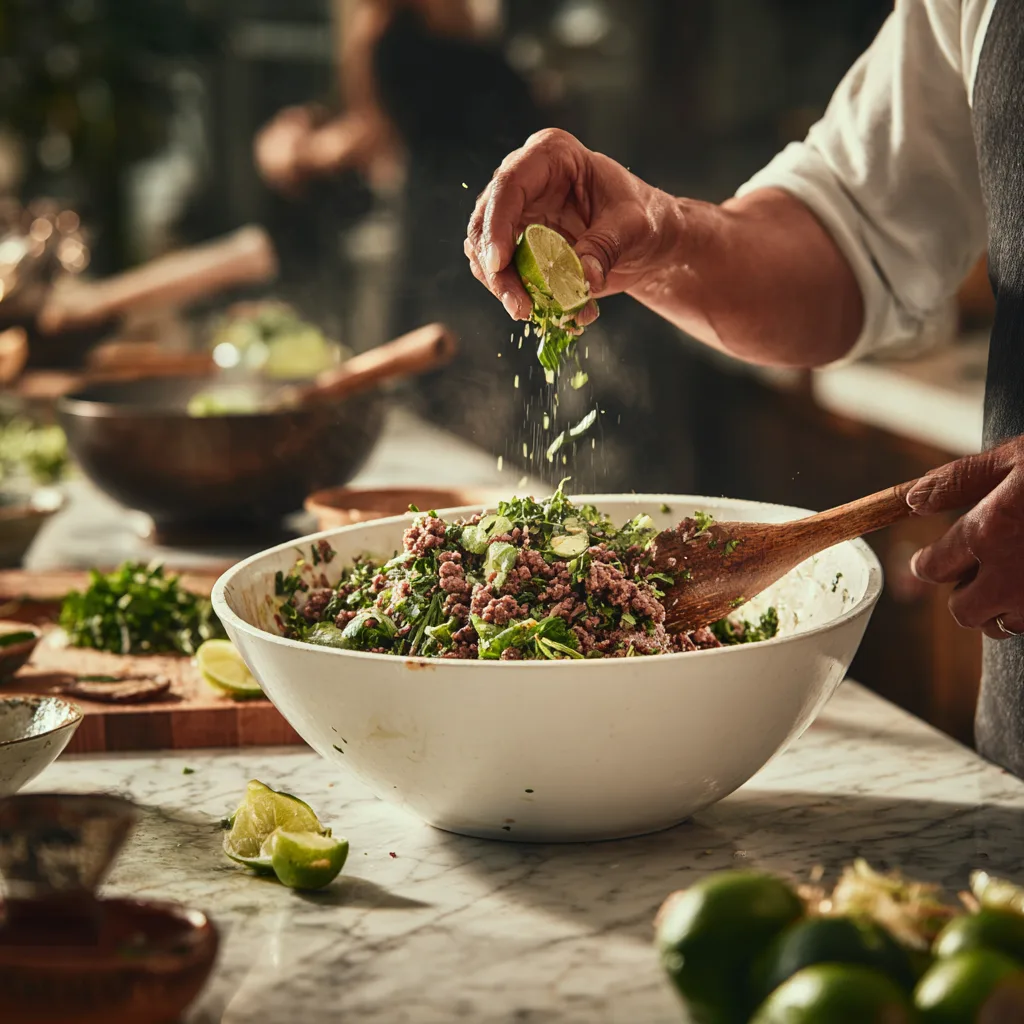 Thai-Rinderhackfleisch Salat Zubereitung in der Küche mit frischen Zutaten