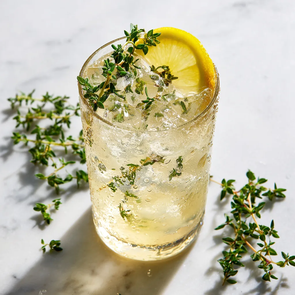 Thyme Smash Cocktail Rezept von oben mit frischem Thymian und Zitrone auf Marmor