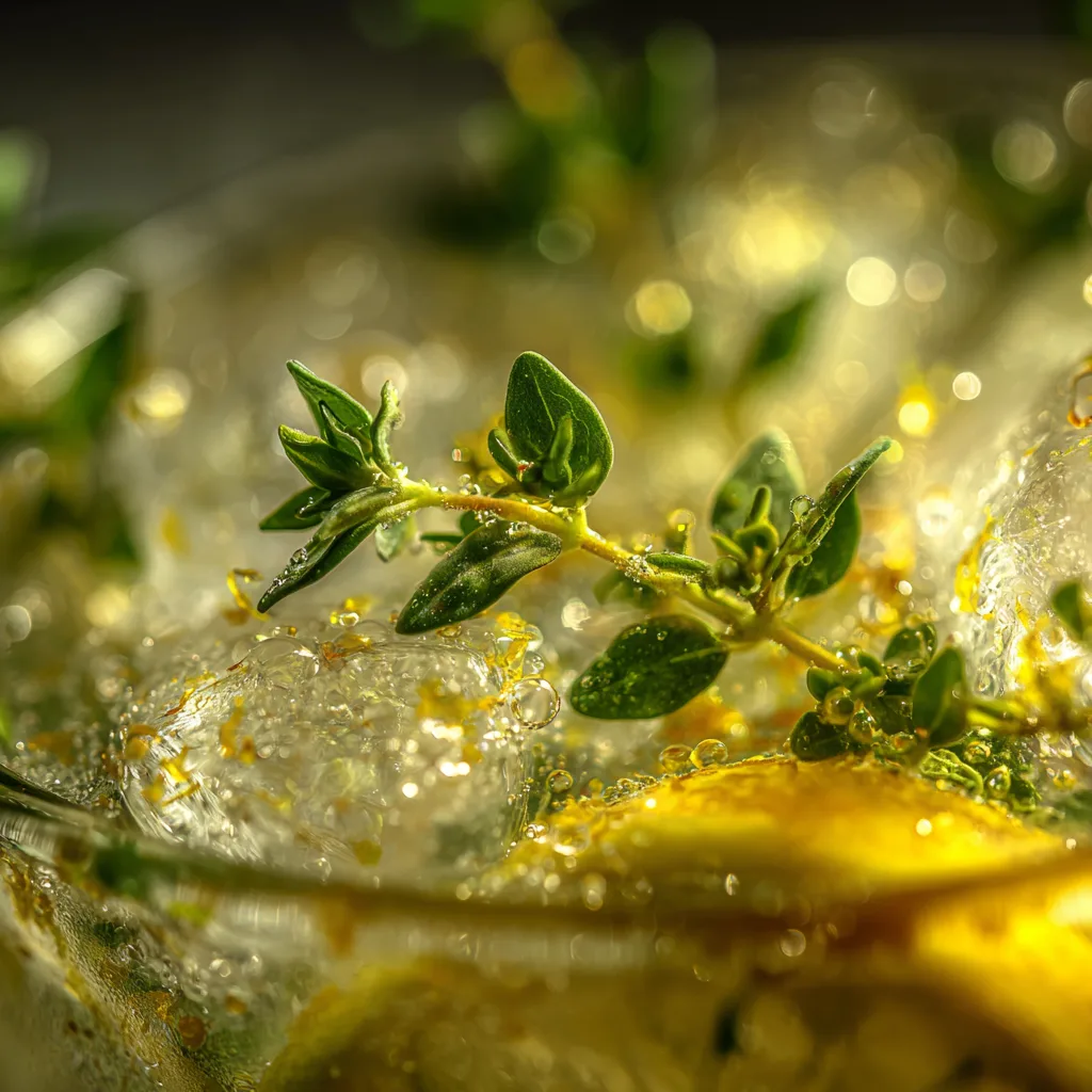 Thyme Smash Nahaufnahme mit Eiswürfeln und frischem Thymian im Detail
