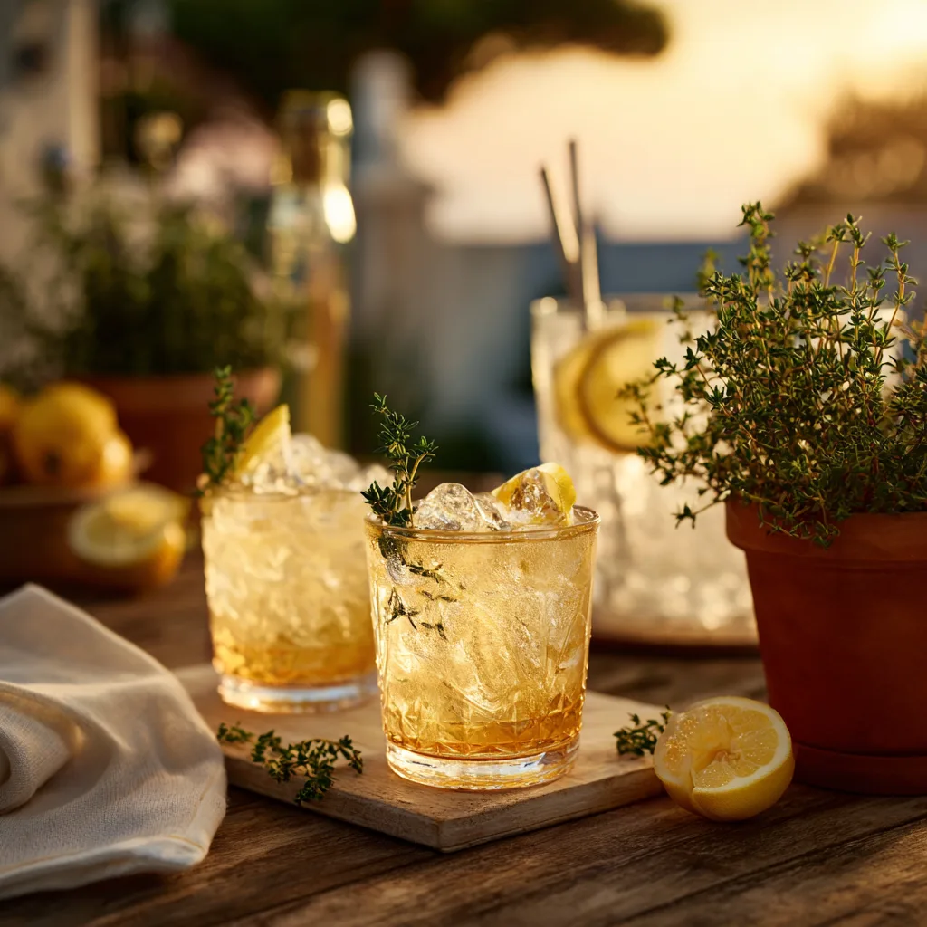 Serviervorschlag Thyme Smash auf Terrasse – erfrischender Sommer Kräuter-Cocktail