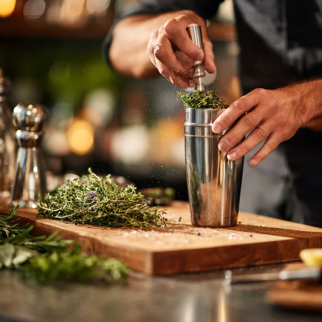 Thyme Smash Zubereitung – Thymian wird im Shaker gemudddelt für Kräuter-Cocktail