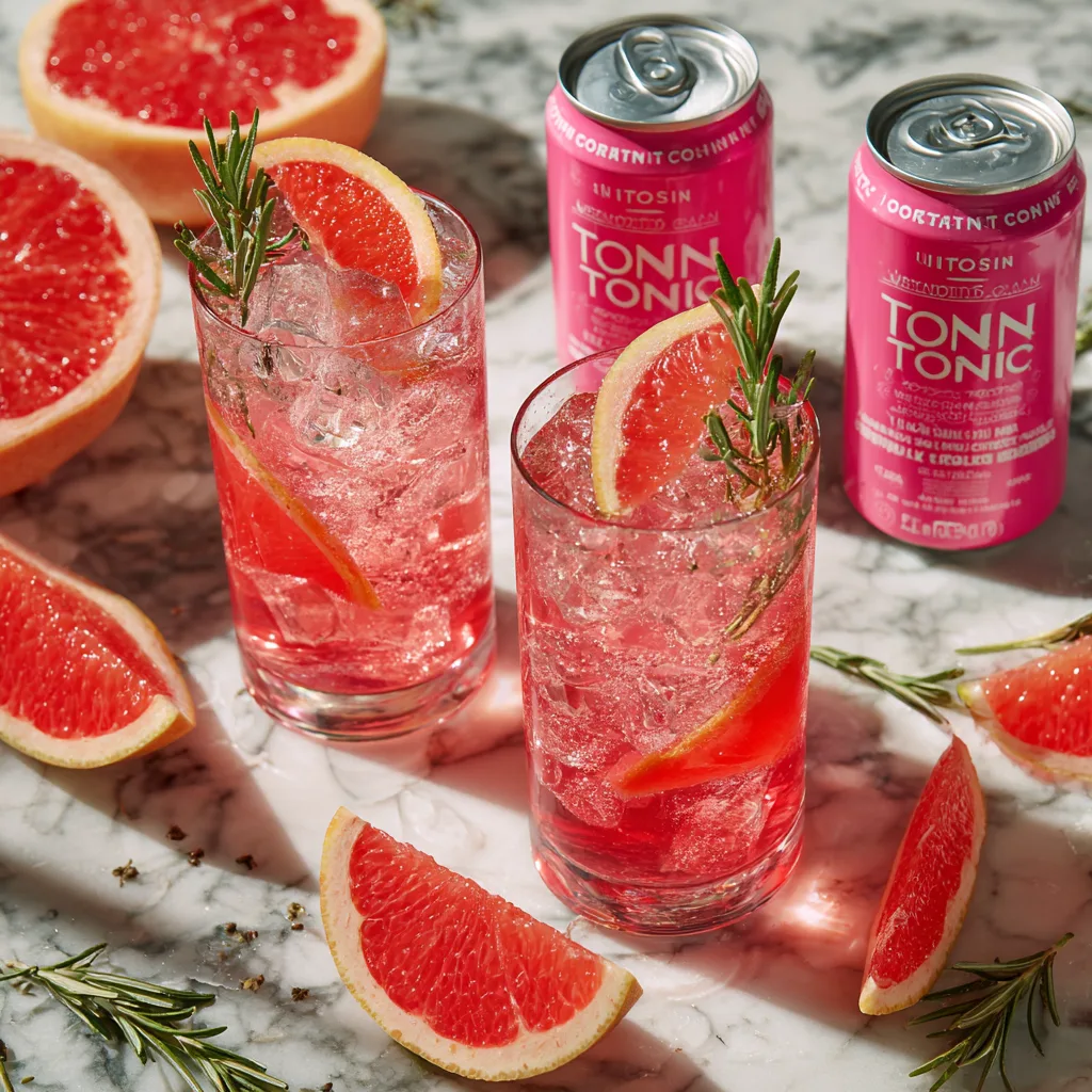 Virgin Pink Tonic Mocktail von oben mit Grapefruit und Rosmarin