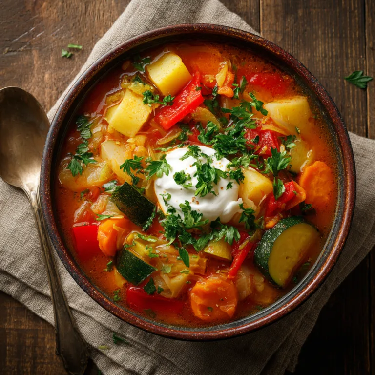 Wärmender Gemüseeintopf in rustikaler Schüssel mit frischen Kräutern garniert