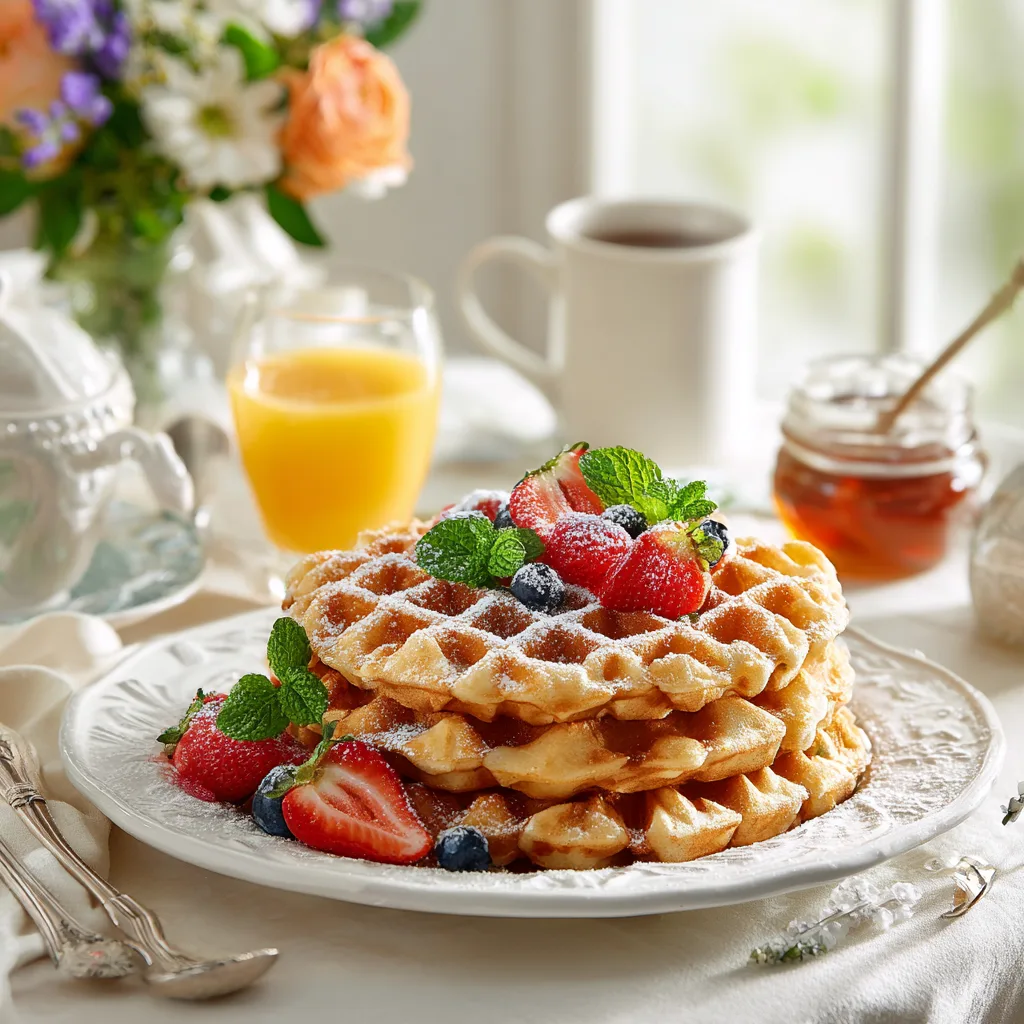 Waffelrezept serviert als elegantes Frühstück mit Saft, Kaffee und frischen Blumen