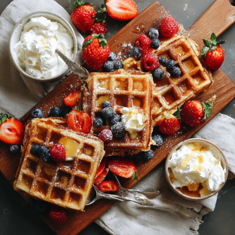 Goldbraunes Waffelrezept mit frischen Beeren, Butter und Ahornsirup auf rustikalem Holzbrett
