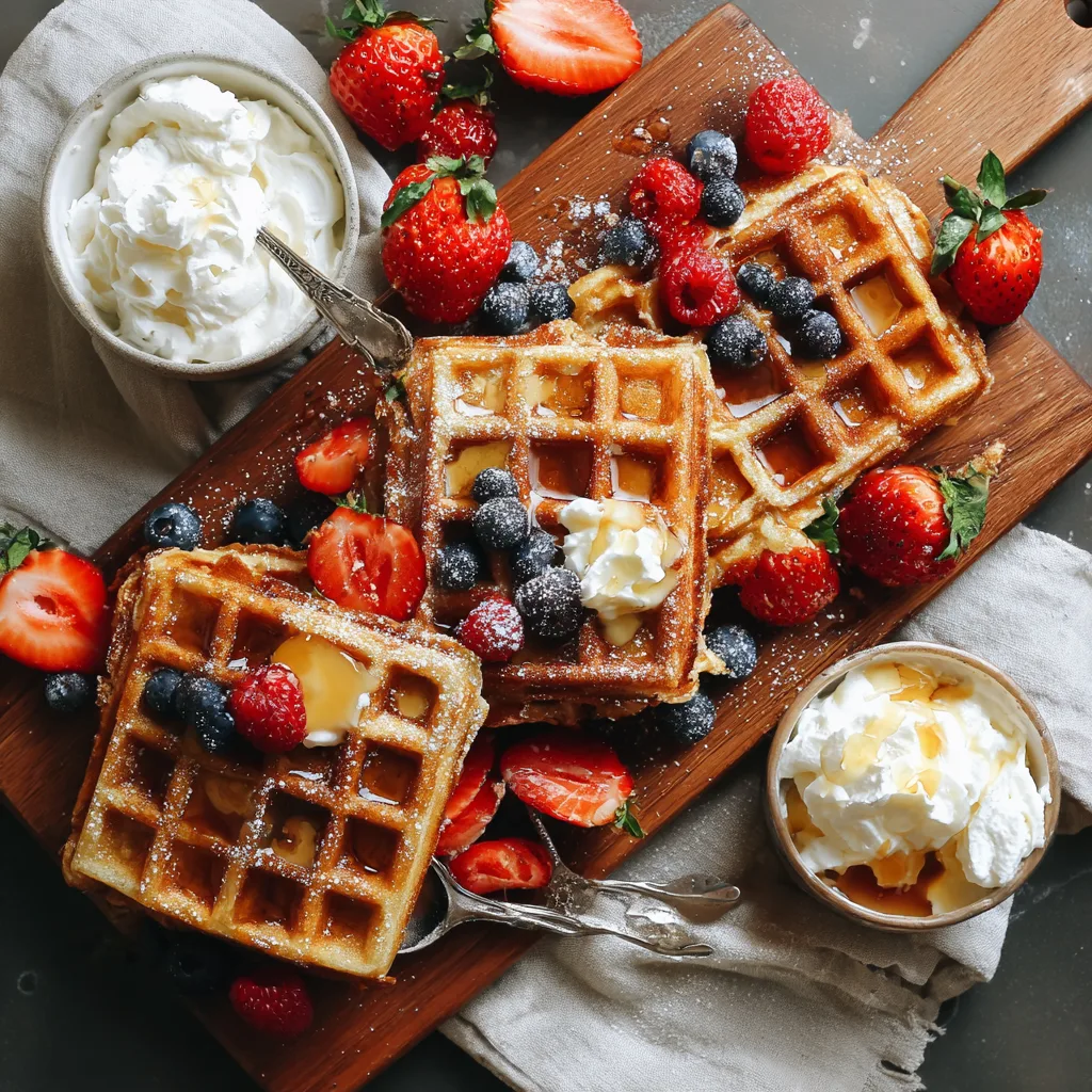 Goldbraunes Waffelrezept mit frischen Beeren, Butter und Ahornsirup auf rustikalem Holzbrett