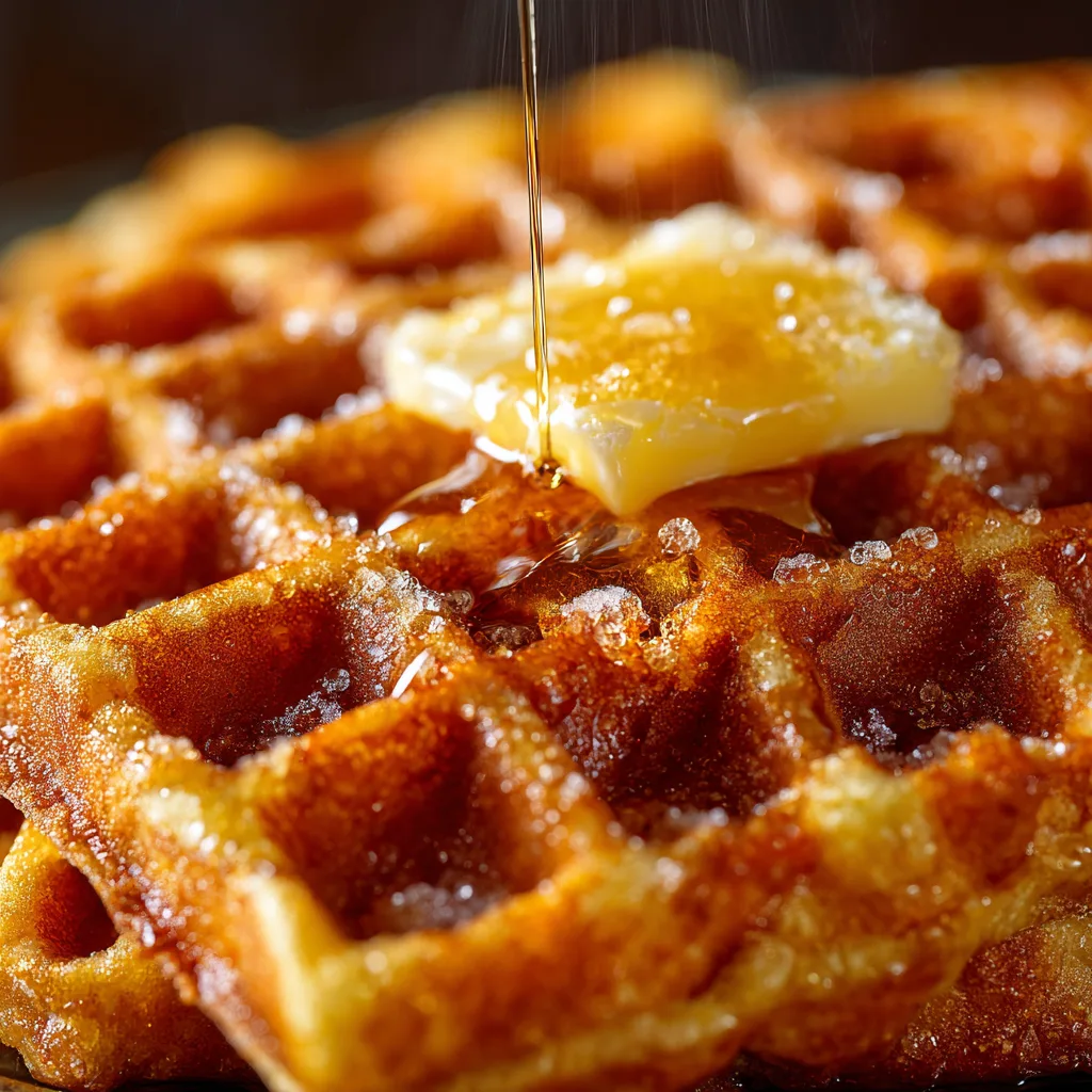 Nahaufnahme fluffiges Waffelrezept mit knuspriger Textur und schmelzender Butter