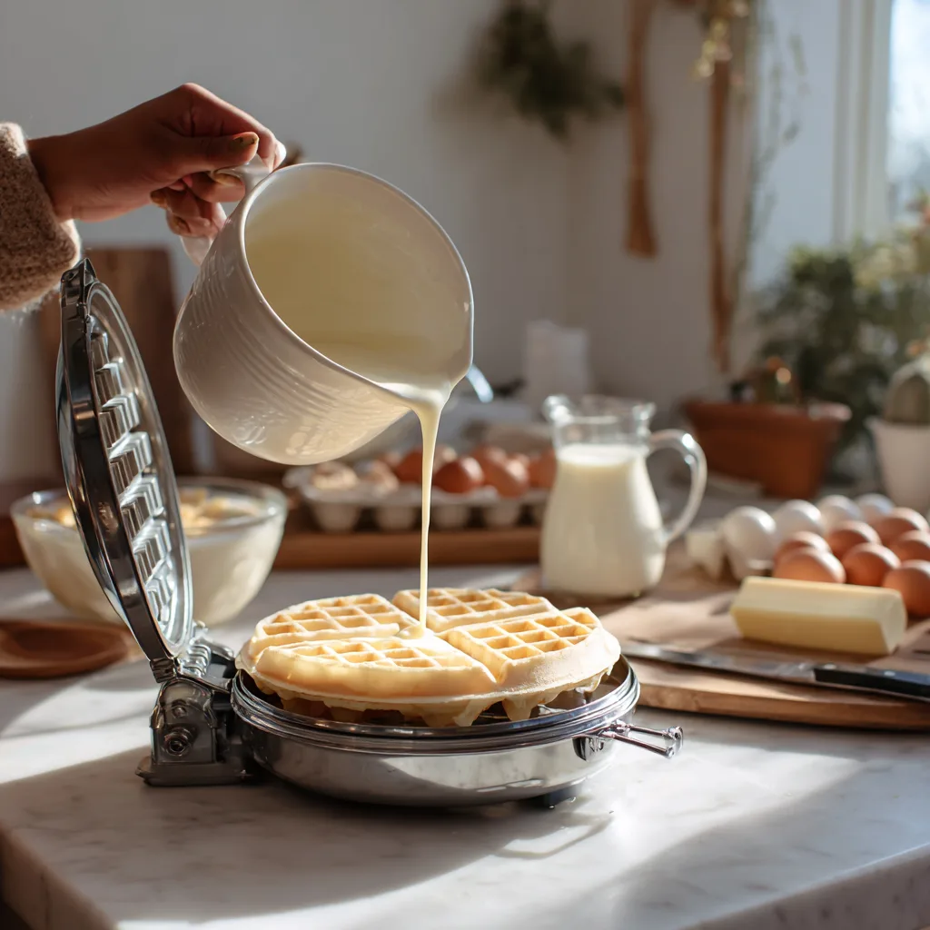 Waffelrezept Zubereitung - Teig wird ins vorgeheizte Waffeleisen gegossen