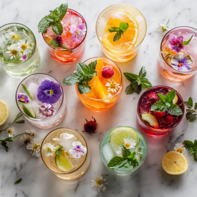 Alkoholfreie Cocktails im März in verschiedenen Gläsern von oben fotografiert mit frischen Früchten und Kräutern