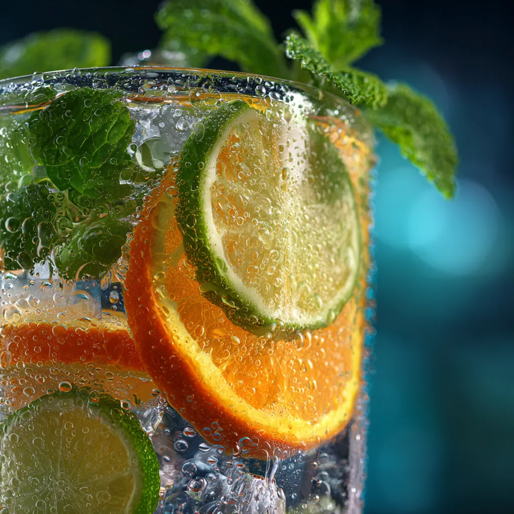 Nahaufnahme eines alkoholfreien Cocktails im März mit Crushed Ice und Minzblättern