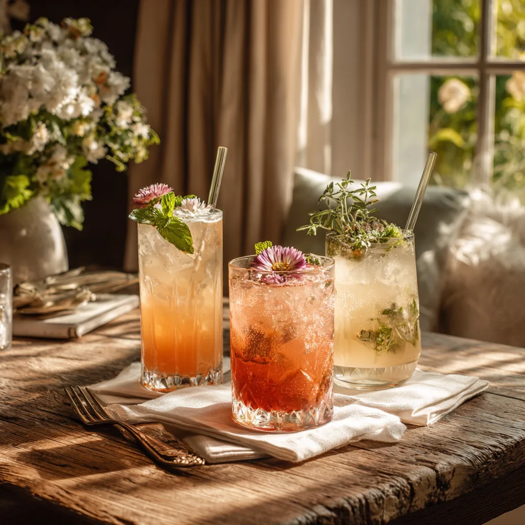 Elegant servierte alkoholfreie Cocktails im März auf gedecktem Tisch mit Dekoration