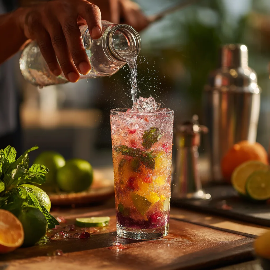 Zubereitung alkoholfreier Cocktails im März mit Tonic Water in der Küche