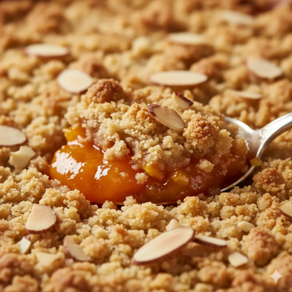 Nahaufnahme Aprikosen Crumble zeigt knusprige Streuselschicht und saftige Aprikosenfüllung im Detail