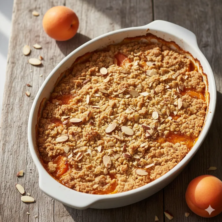 Frisch gebackener Aprikosen Crumble mit goldenen Streuseln in weißer Auflaufform von oben fotografiert
