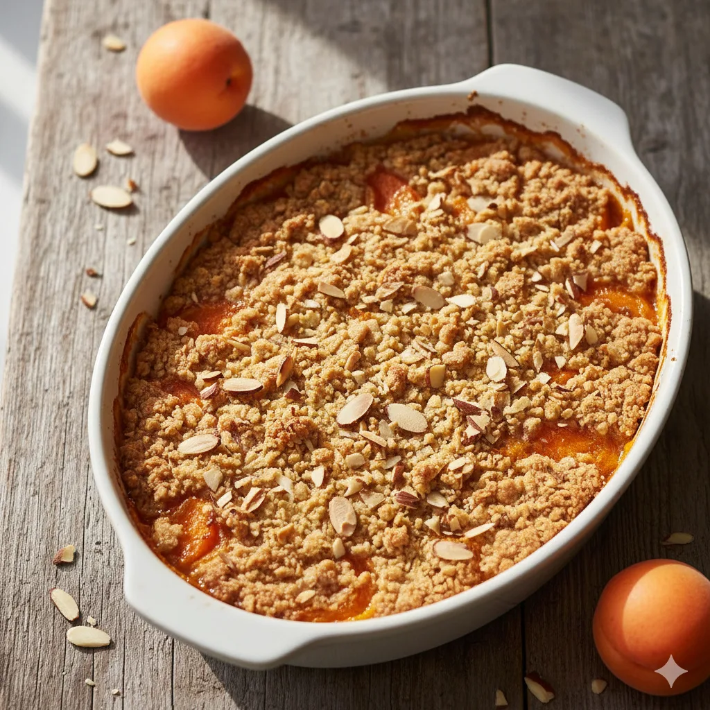 Frisch gebackener Aprikosen Crumble mit goldenen Streuseln in weißer Auflaufform von oben fotografiert