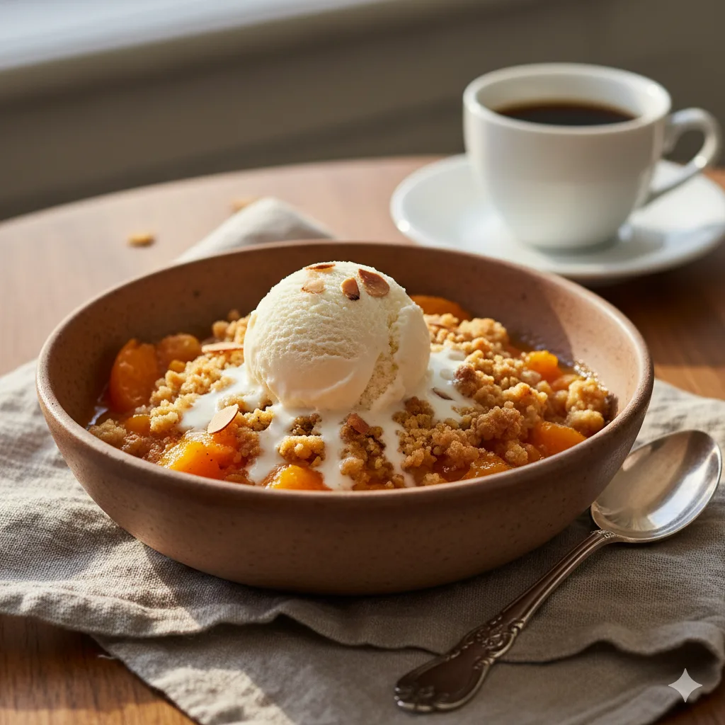 Servierter Aprikosen Crumble mit Vanilleeis in Schale auf gedecktem Tisch elegant angerichtet