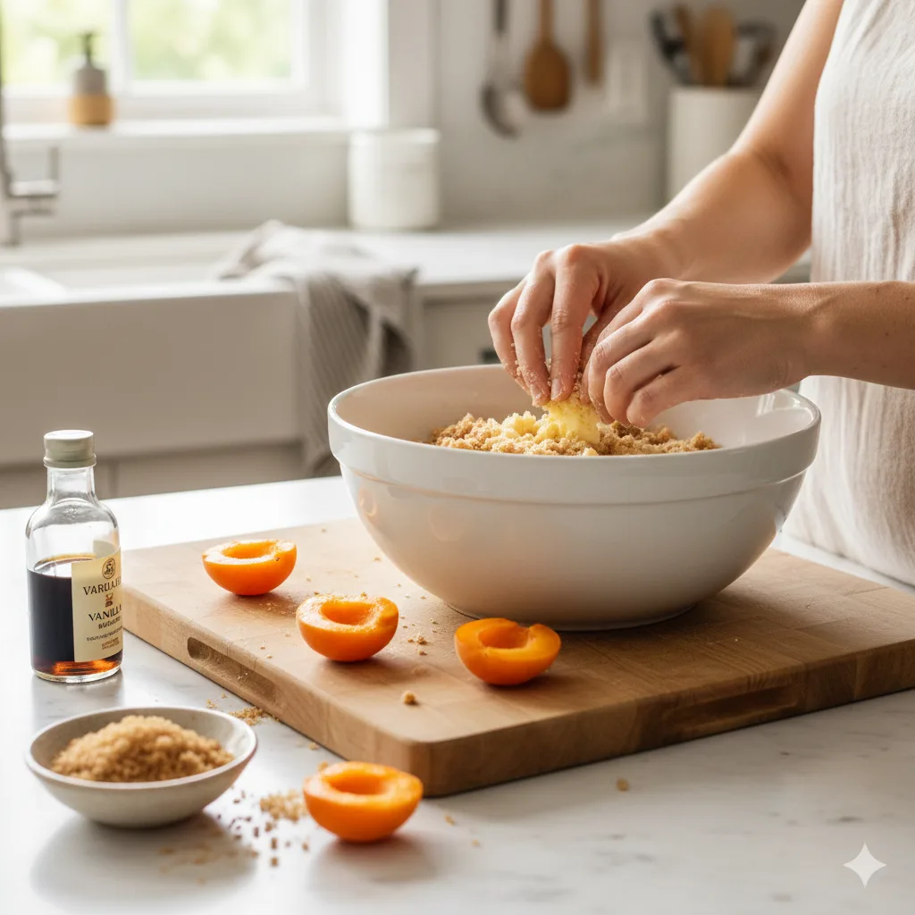 Hände formen Crumble Streusel mit Mehl und Butter für Aprikosen Crumble Rezept in der Küche