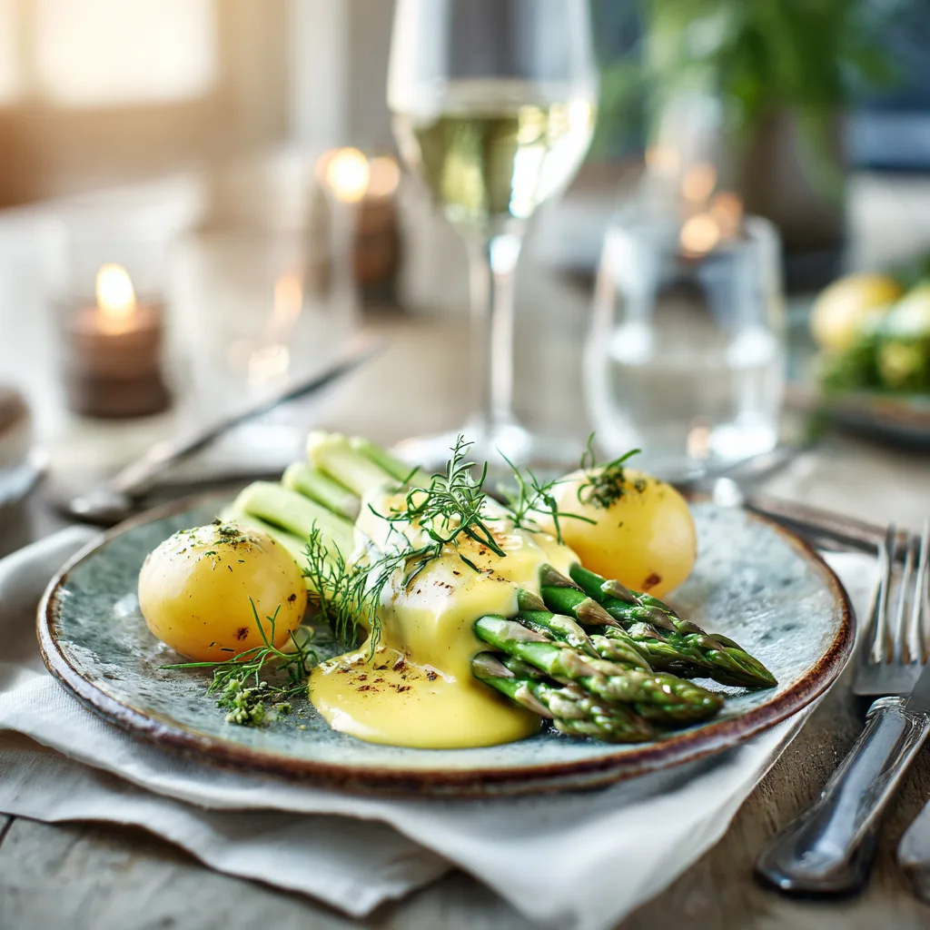Elegant serving of Creamy Hollandaise Sauce with Asparagus dinner table