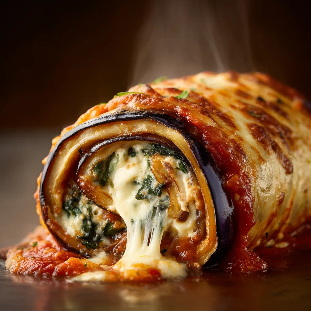 Nahaufnahme Querschnitt von Auberginen-Cannelloni mit Ricotta-Spinat-Füllung und geschmolzenem Käse