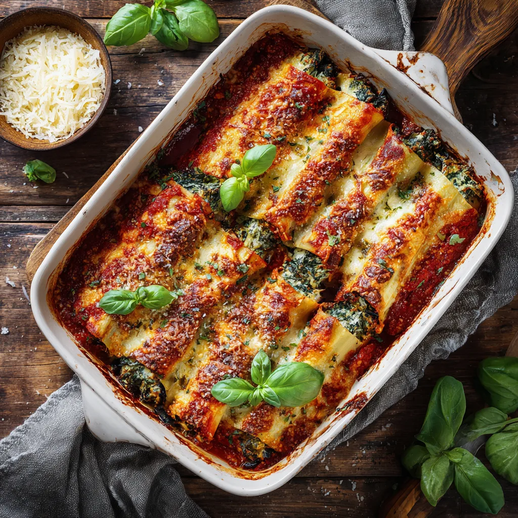 Auberginen-Cannelloni mit Parmigiano in Auflaufform von oben mit geschmolzenem Käse und frischem Basilikum