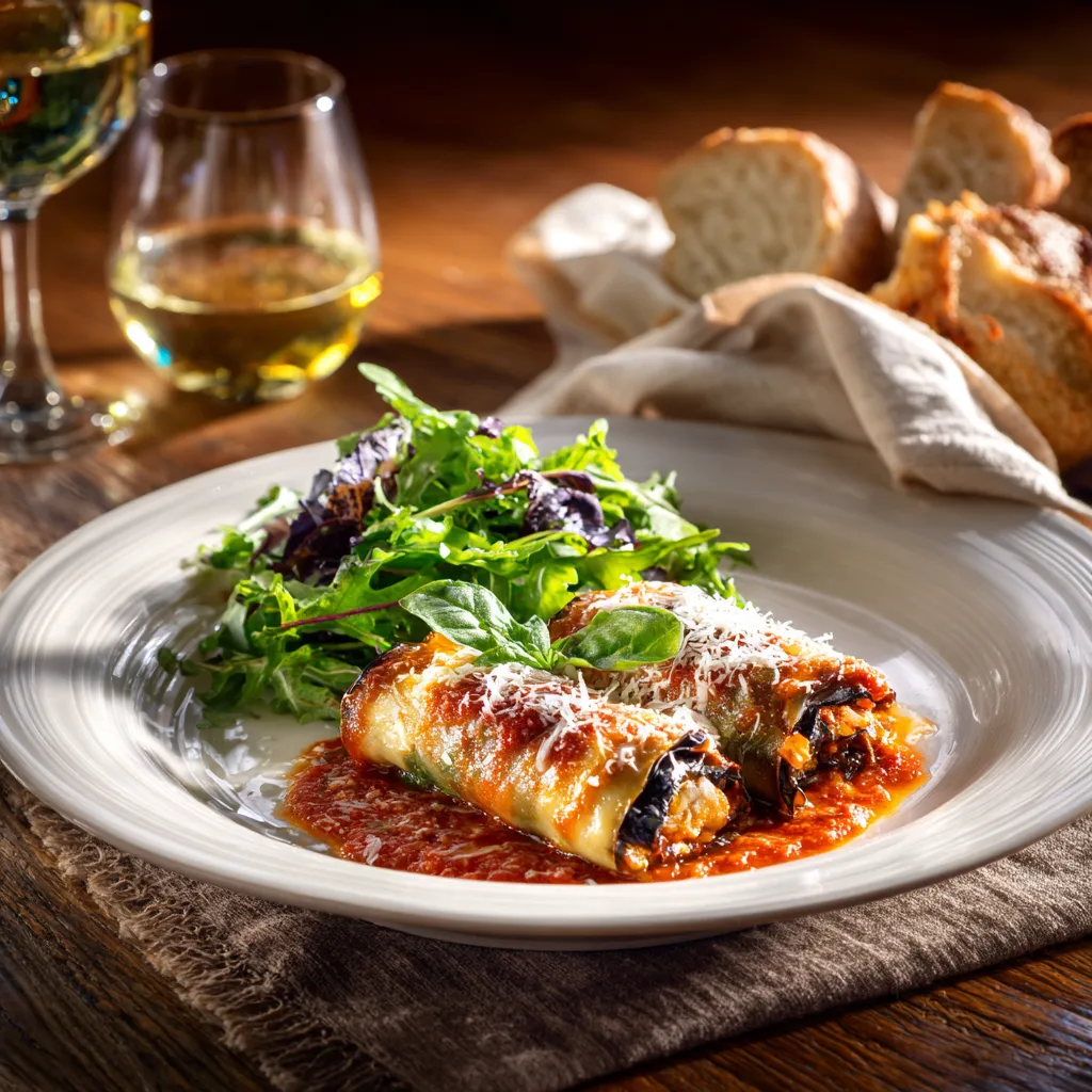 Angerichtete Auberginen-Cannelloni auf weißem Teller mit Salat und Weißwein auf rustikalem Holztisch