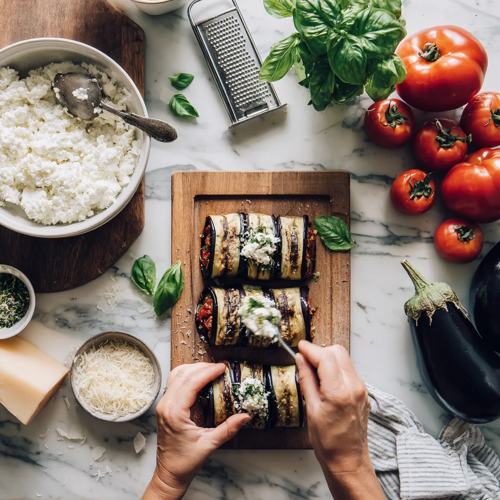 Zubereitung von Auberginen-Cannelloni, Hände rollen gefüllte Auberginenscheibe auf Holzbrett