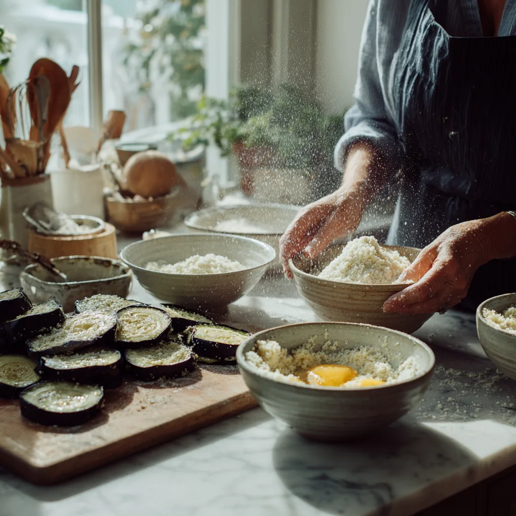 Auberginen werden für gebackene Auberginen mit Parmesan in Mehl, Ei und Paniermehl paniert