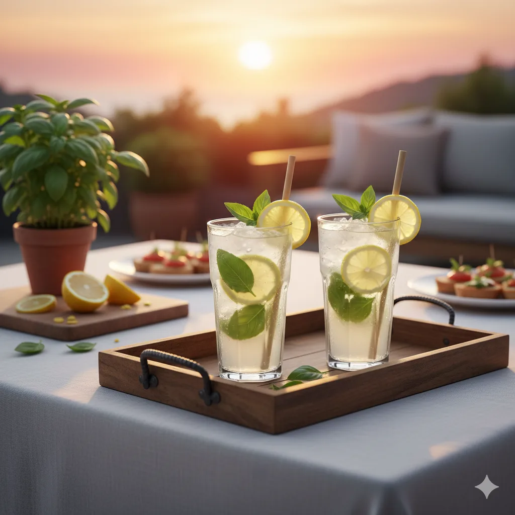 Zwei servierfertige Basilikum-Zitronen-Mojitos auf Terrasse mit mediterraner Dekoration und Sonnenuntergang