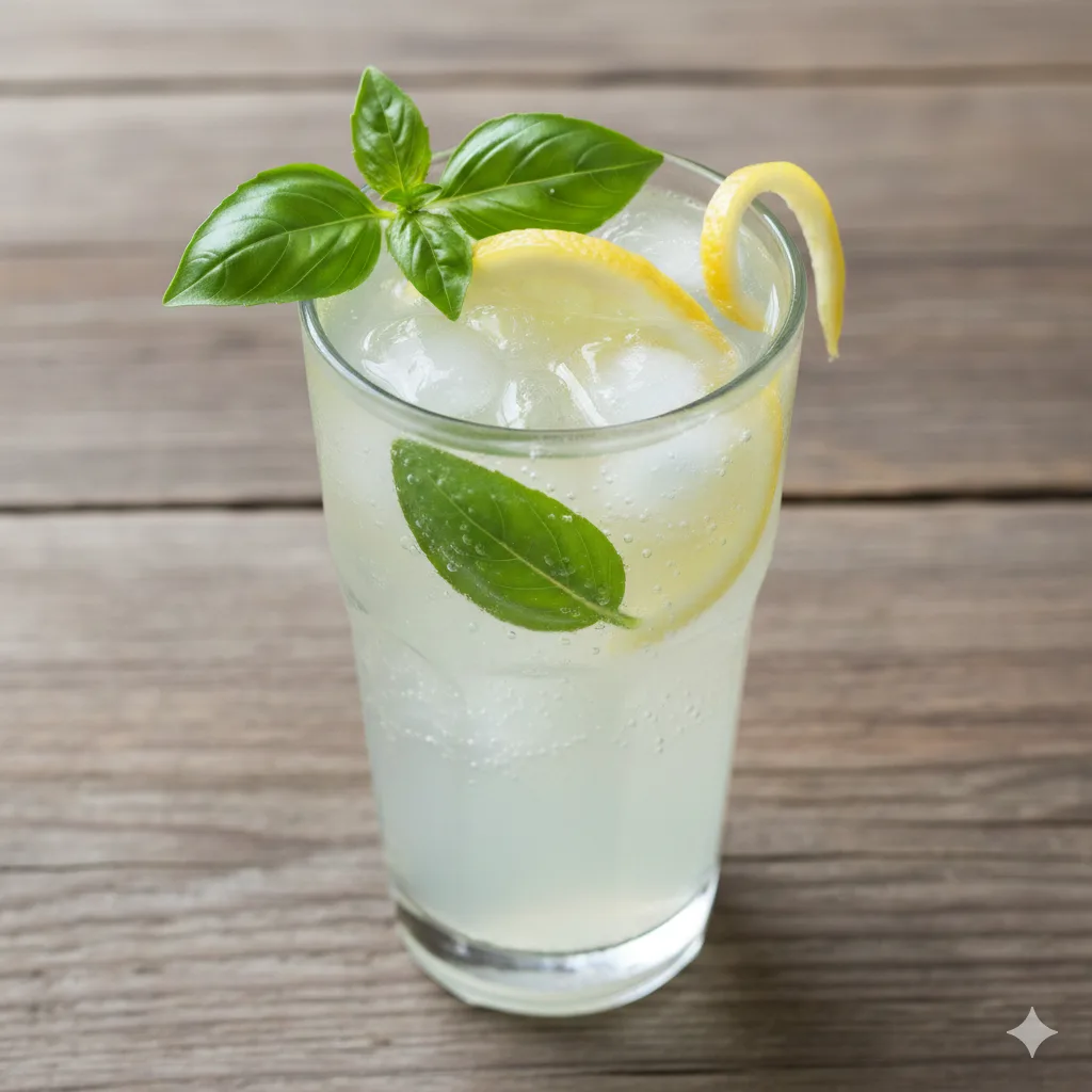 Basilikum-Zitronen-Mojito von oben mit frischen Basilikumblättern und Zitronenscheiben in Glas mit Eiswürfeln