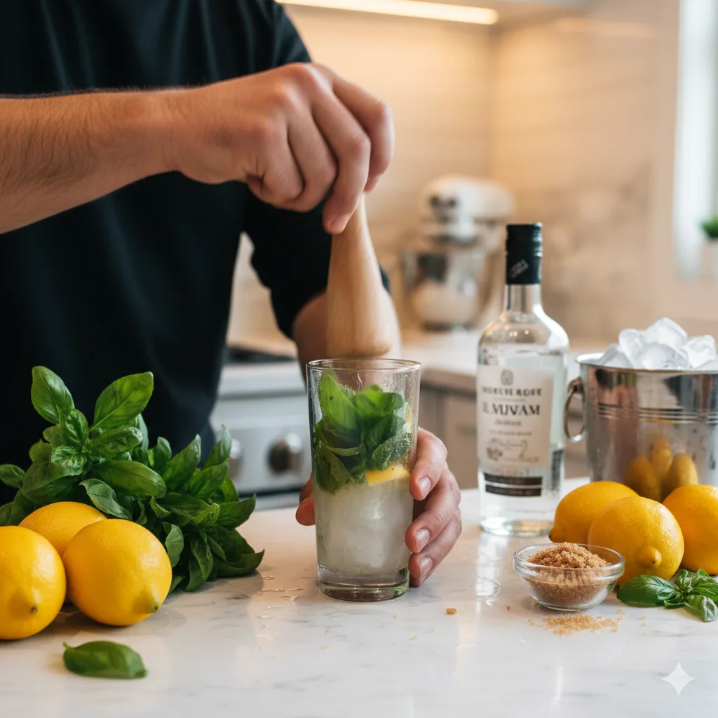 Zubereitung Basilikum-Zitronen-Mojito mit Muddler und frischen Zutaten in moderner Küche