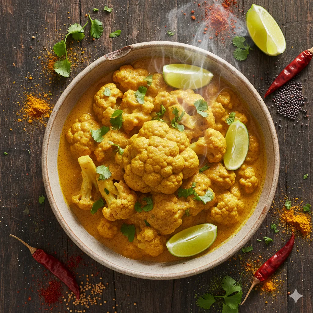 Blumenkohl-Curry in Schüssel von oben mit Kokosmilch-Sauce und Koriander garniert