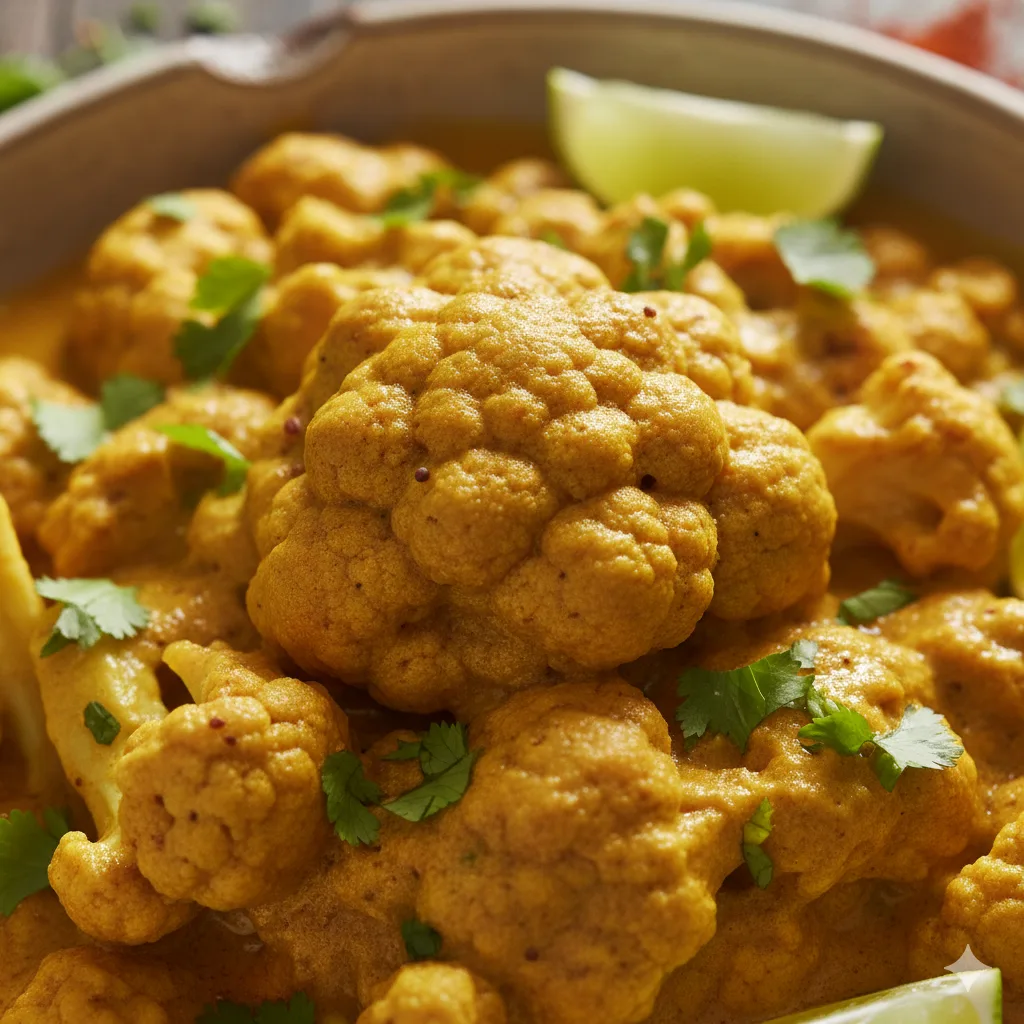 Nahaufnahme Blumenkohl-Curry Röschen mit cremiger Curry-Sauce und Gewürzen