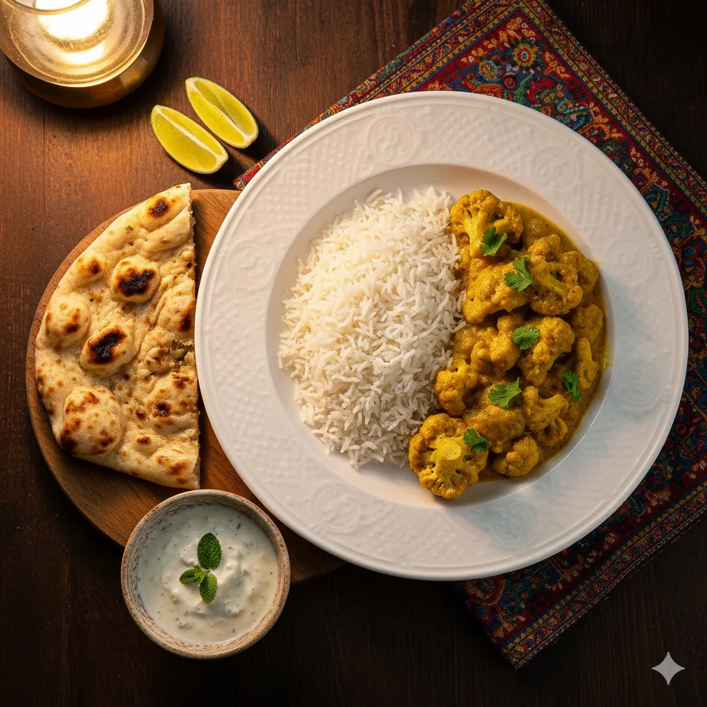 Serviertes Blumenkohl-Curry mit Basmatireis und Naan-Brot auf gedecktem Tisch