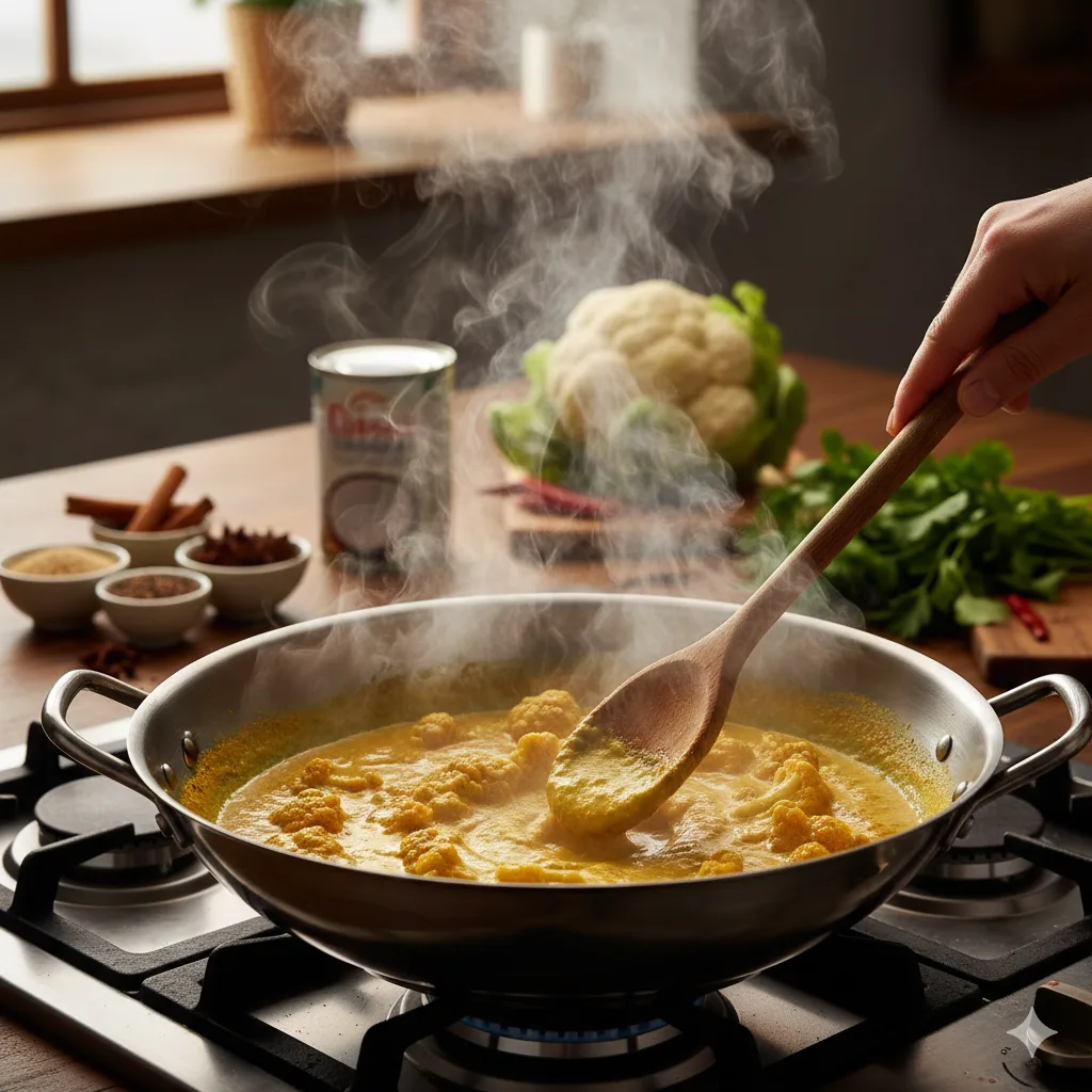 Blumenkohl-Curry wird in großer Pfanne gekocht und umgerührt mit Kochlöffel