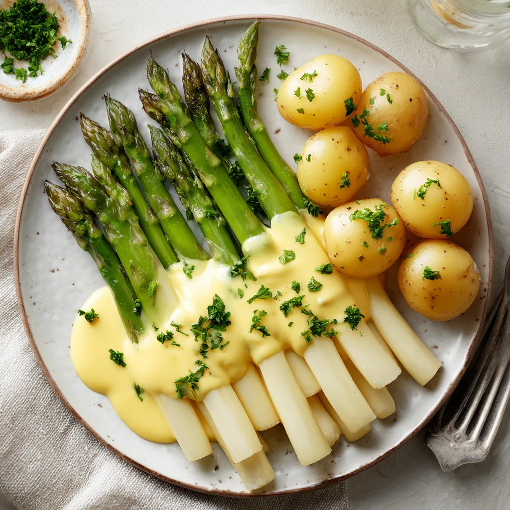 Creamy Hollandaise Sauce with Asparagus and boiled potatoes on white plate