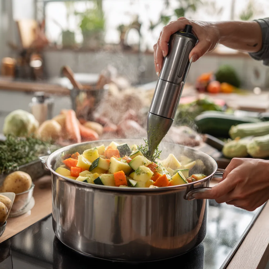 Zubereitung einer cremigen Gemüsesuppe mit Stabmixer im Topf