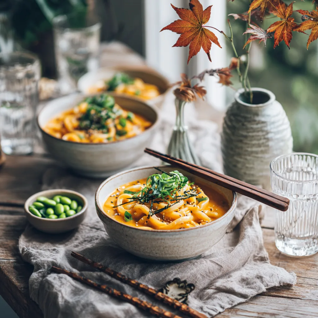 Cremige Kürbis-Curry-Udon serviert auf gedecktem Tisch mit Beilagen