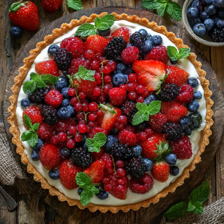 Deutsche Beeren-Tarte mit frischen Beeren und Vanillecreme auf Mürbeteigboden