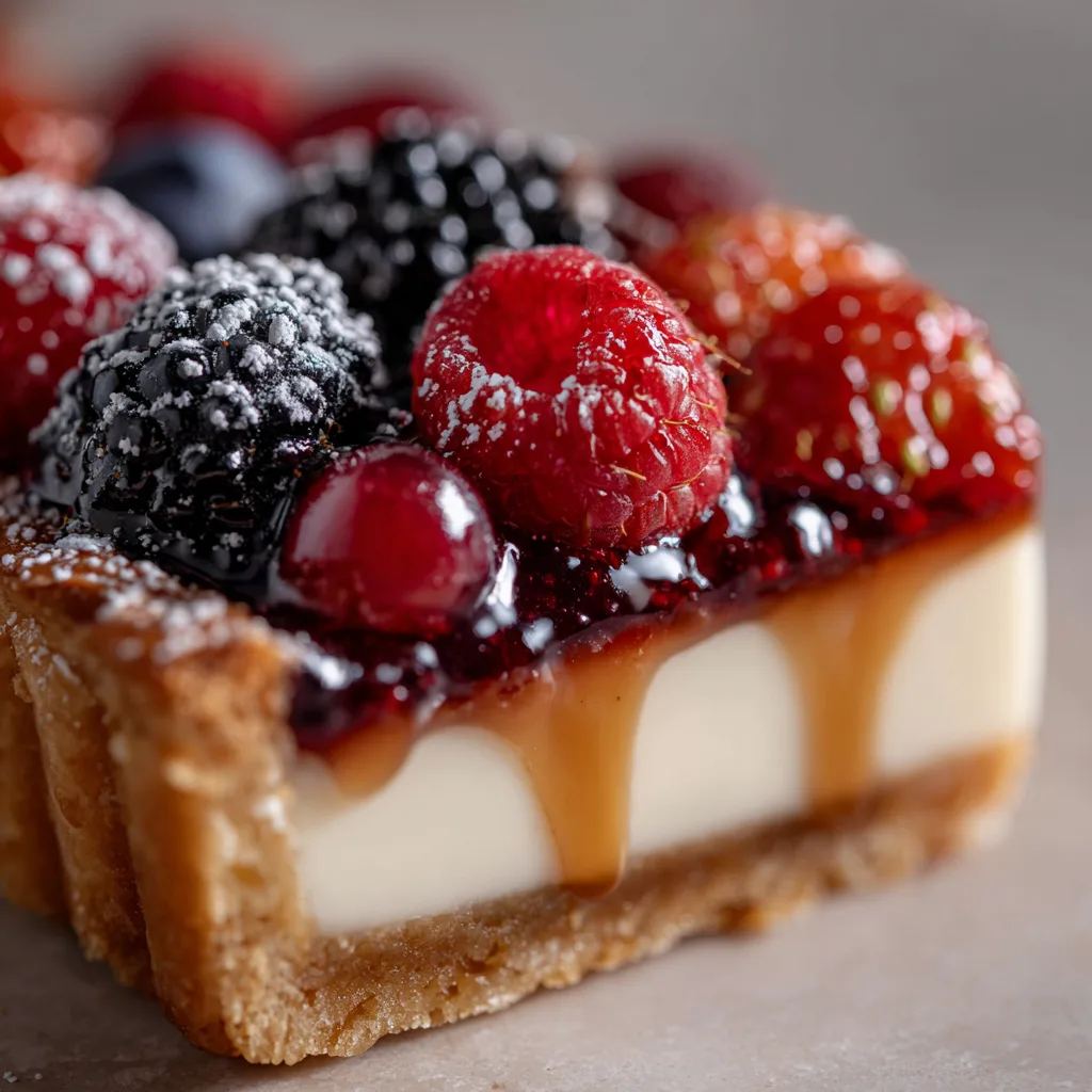 Nahaufnahme Deutsche Beeren-Tarte Schichten mit Mürbeteig Vanillecreme und Beeren