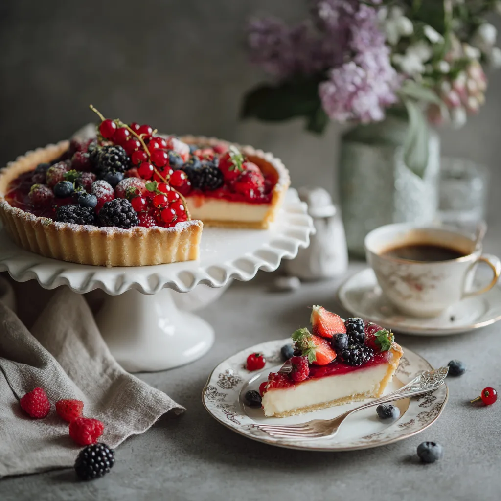 Deutsche Beeren-Tarte serviert mit Kaffee auf gedecktem Tisch