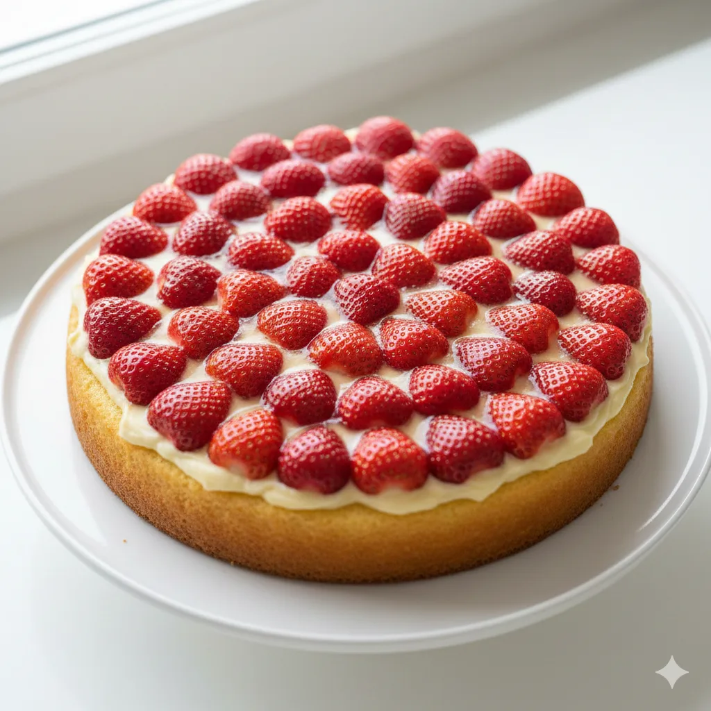 Deutscher Erdbeerkuchen von oben mit frischen Erdbeeren und glänzendem Tortenguss auf weißer KuchenplatteDeutscher Erdbeerkuchen von oben mit frischen Erdbeeren und glänzendem Tortenguss auf weißer Kuchenplatte
