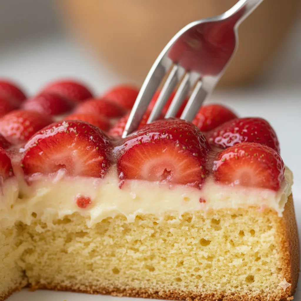 Nahaufnahme Deutscher Erdbeerkuchen Schichten mit Biskuit, Vanillecreme und saftigen Erdbeeren