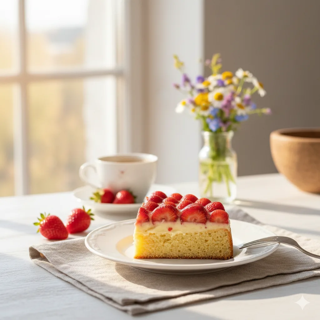Deutscher Erdbeerkuchen serviert auf Teller mit Kaffee auf gedecktem Tisch